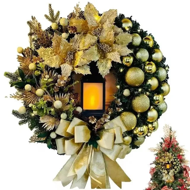 Christmas Decoration Golden Wreath With Lamp For Front Door Red Ball Flower Garland Xmas Ornament Window Wall Hanging Decor