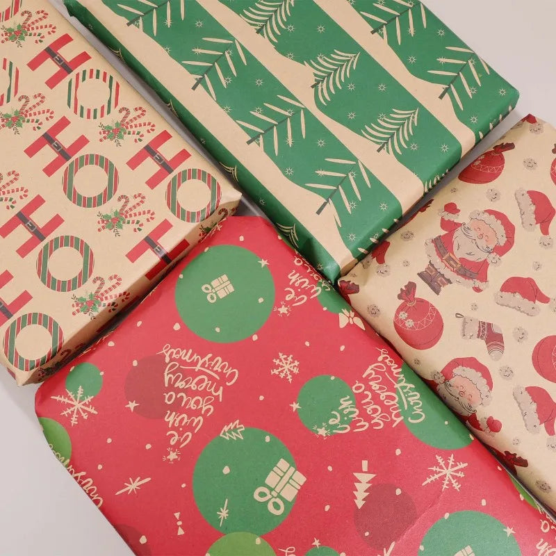 Christmas Kraft Wrapping Paper Cartoon Xmas Tree Santa Claus Gifts Packaging Paper DIY Craft Home Party Decoration Background