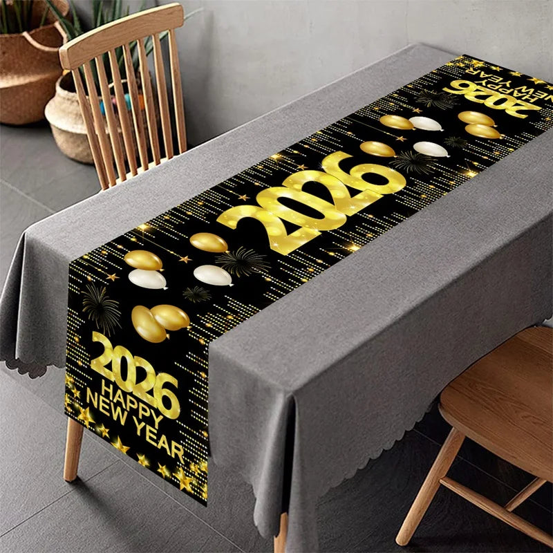 New Year Table Runner Black Gold Glitter New Years Eve Table Cover 2026 Happy New Year Party Table Decorations for Home Party