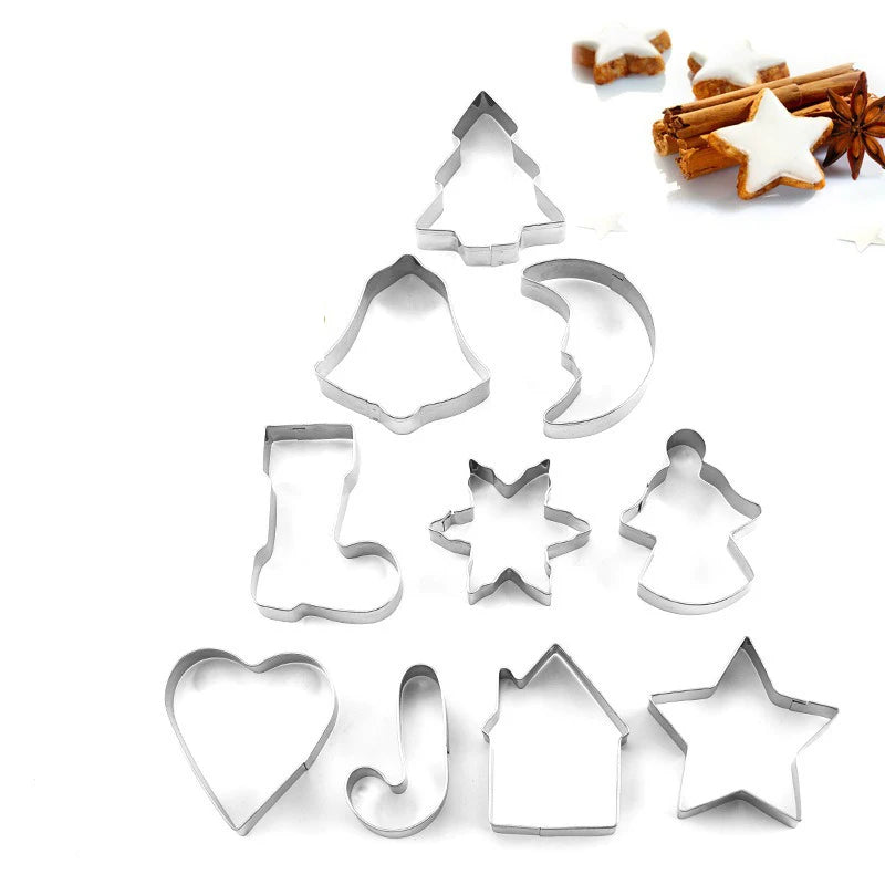 JUSTINLAU 10pcs Christmas Cookie Cutter Set Stainless Steel Gingerbread Xmas Tree Fondant DIY Baking Mold for Holiday Party Gift