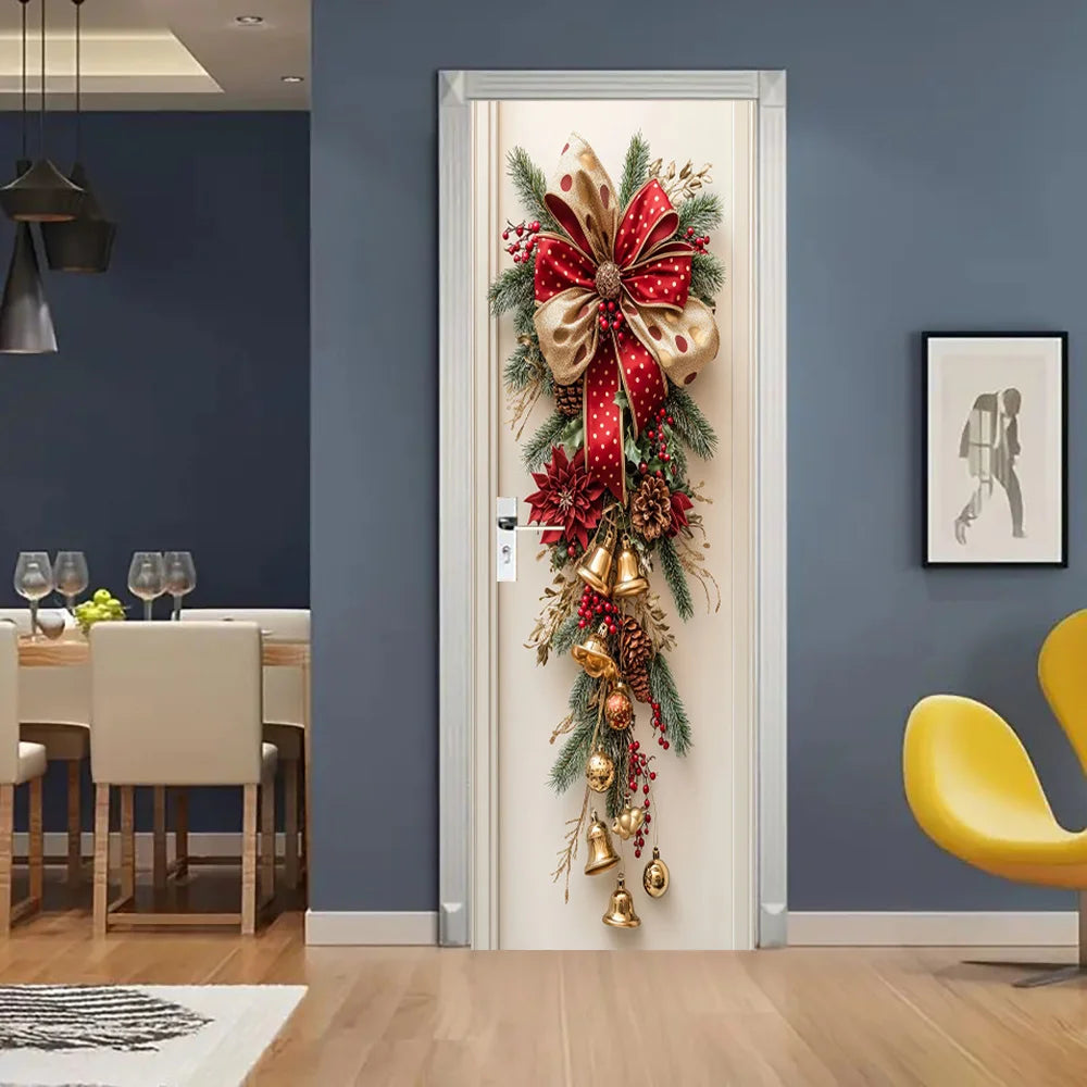 1 Christmas wall decoration - hanging decoration with red bells and green leaves - holiday room decoration, holiday design