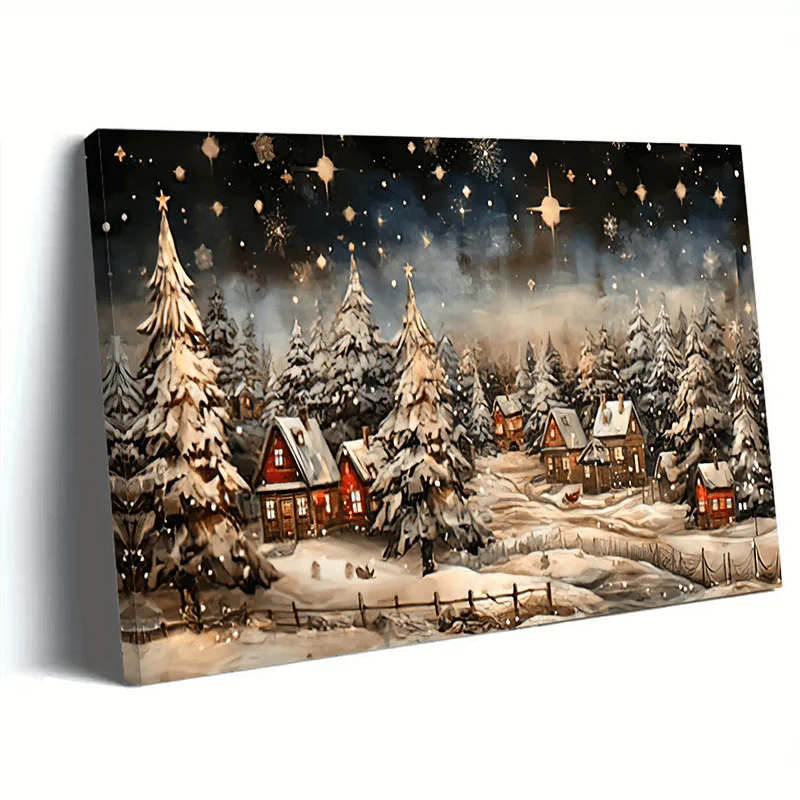 1PC Charming Farmhouse Winter Village Night View - Framed Canvas Wall Art Christmas Decorations and Holiday Gifts Framed