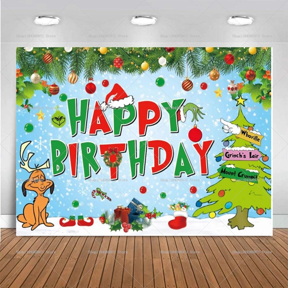 Cartoon G-Grinches Theme Kids Birthday Party Supplies Decorative Background Winter Christmas Party Scene Photography Banner