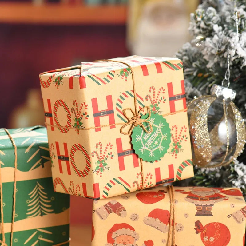 Christmas Kraft Wrapping Paper Cartoon Xmas Tree Santa Claus Gifts Packaging Paper DIY Craft Home Party Decoration Background