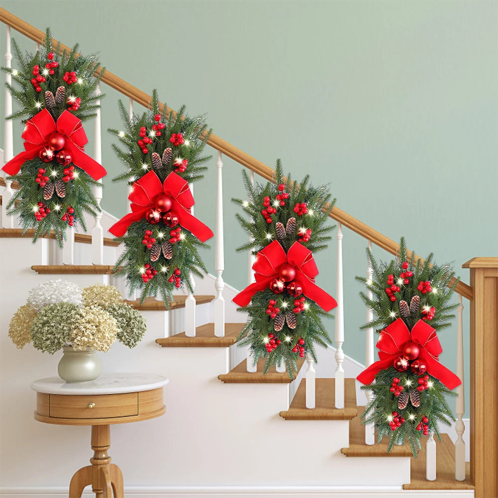 Christmas Stair Decoration Wreath with Pinecones&Bowknot Bell Xmas Tree Pendant Hanging Stairs Garland for Front Door Decoration