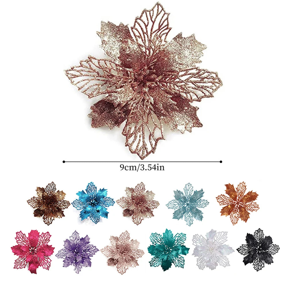 9cm Glitter Artifical Christmas Flowers Christmas Tree Wreath Decorations Fake Flowers Xmas Garland Ornaments New Year 2024