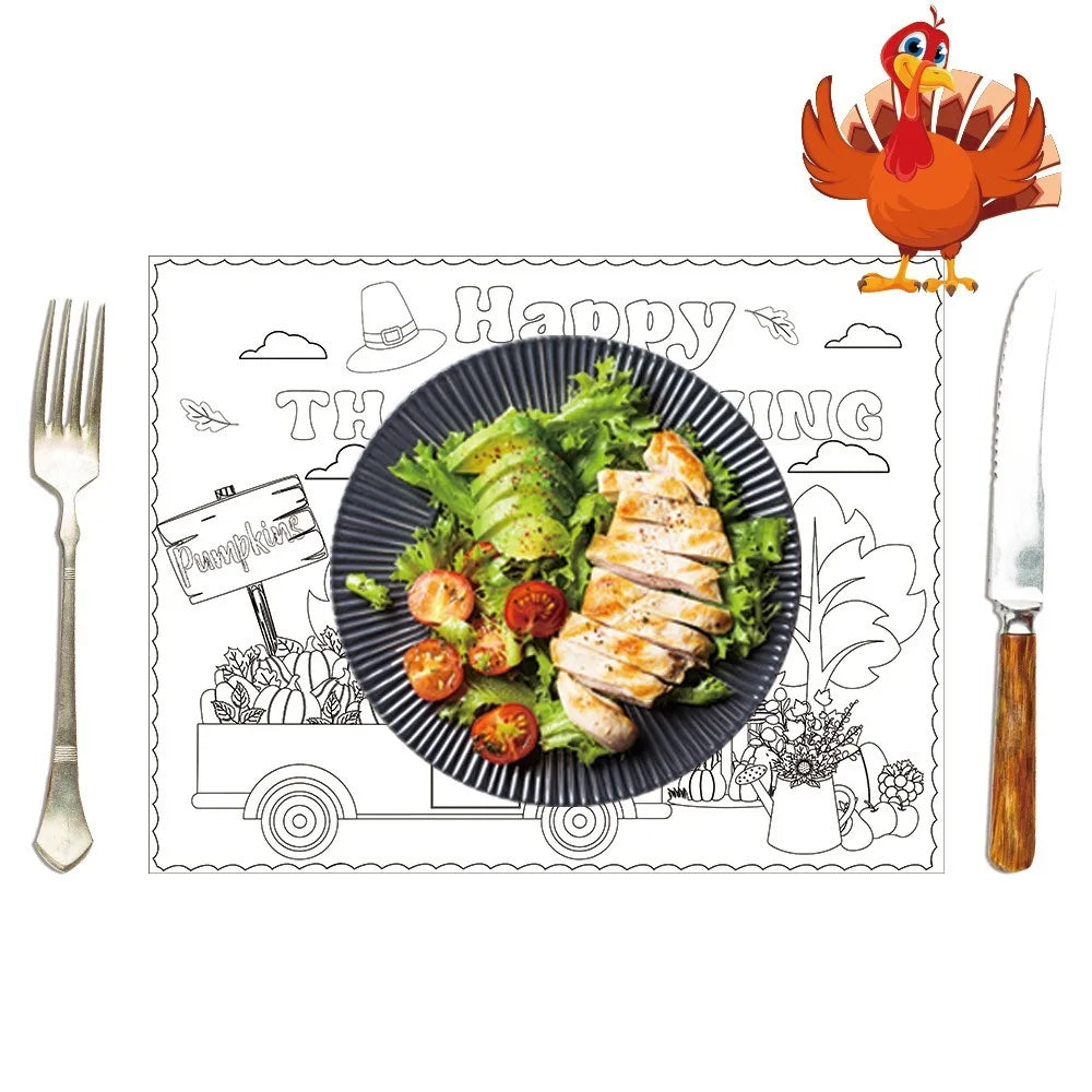 8pcs Hand-painted Thanksgiving Placemat Turkey Pumpkin Cup Plate Mat DIY Paper Placemat Turkey Design Paper Material
