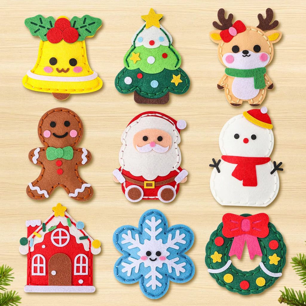 9-piece DIY Christmas sewing material pack for beginners; easy to make Christmas tree ornaments including gingerbread man, reind