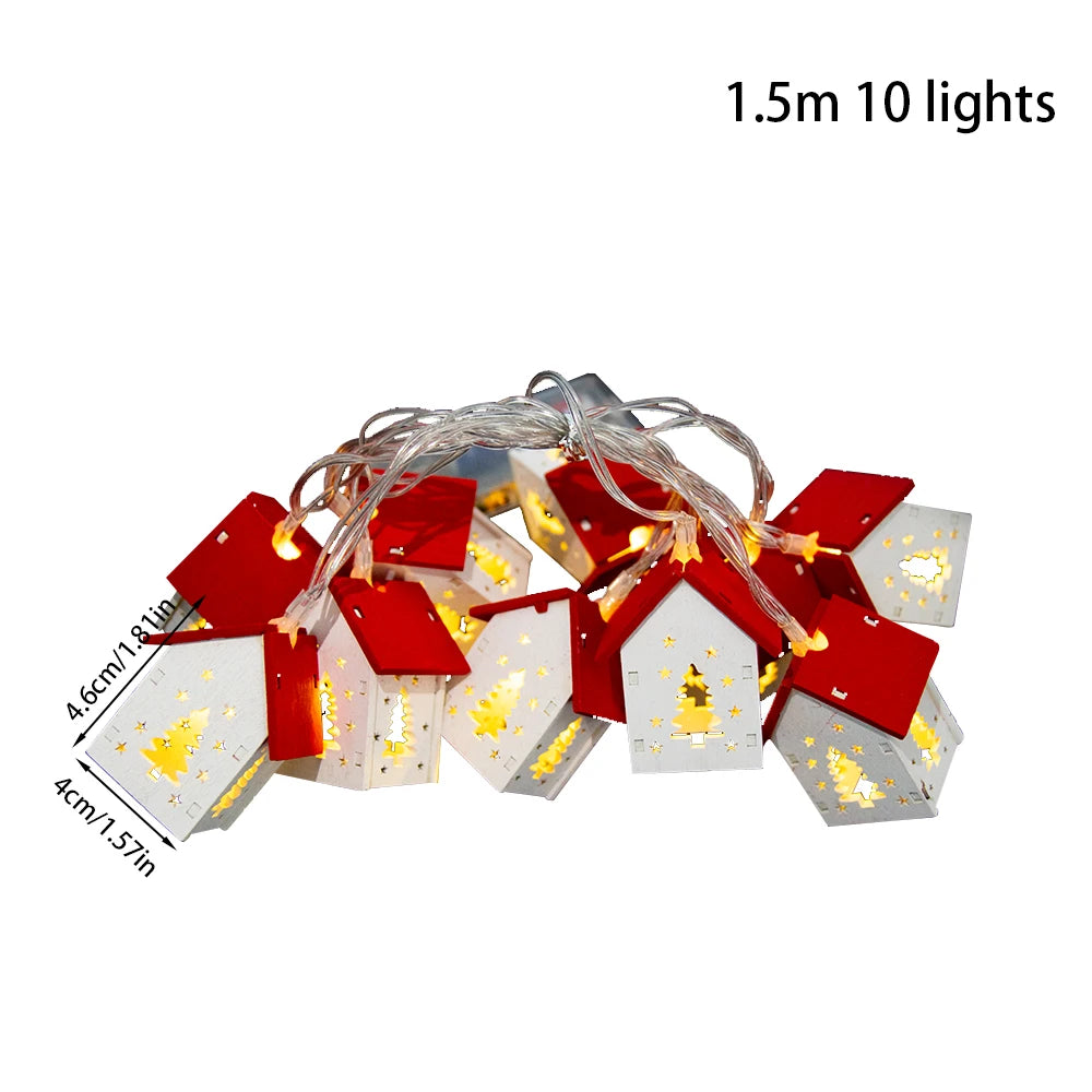 Wooden House Shaped Christmas LED String Lights Xmas Tree Hanging Lights Wood House LED Fairy Lamp for Christmas Home Noel 2024