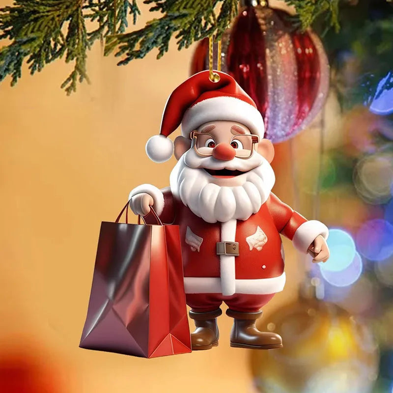Santa Claus 6-Piece Set 2D Flat Acrylic Pendant Car Keychain Car Rearview Mirror Backpack Pendant Home Decoration Pendant