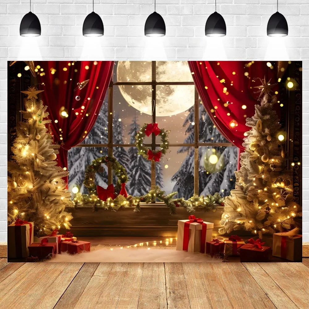 Christmas Photography Backdrop Xmas Tree Gift Toy Window Wood Door Kids Portrait Family Party Photo Background Decor Photostudio