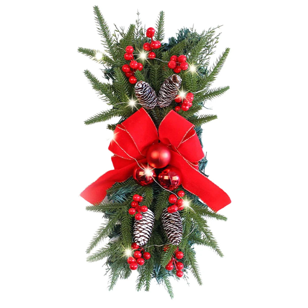 Christmas Stair Decoration Wreath with Pinecones&Bowknot Bell Xmas Tree Pendant Hanging Stairs Garland for Front Door Decoration