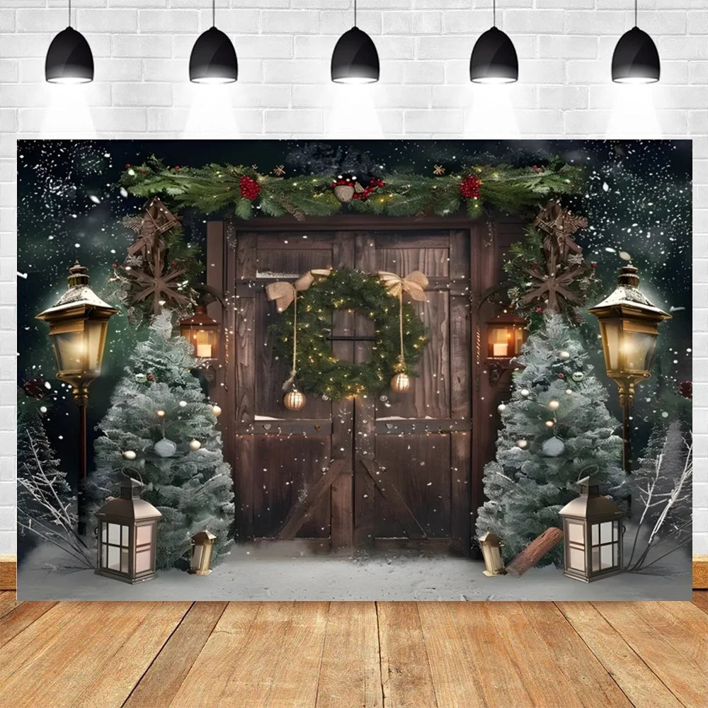 Christmas Photography Backdrop Xmas Tree Gift Toy Window Wood Door Kids Portrait Family Party Photo Background Decor Photostudio