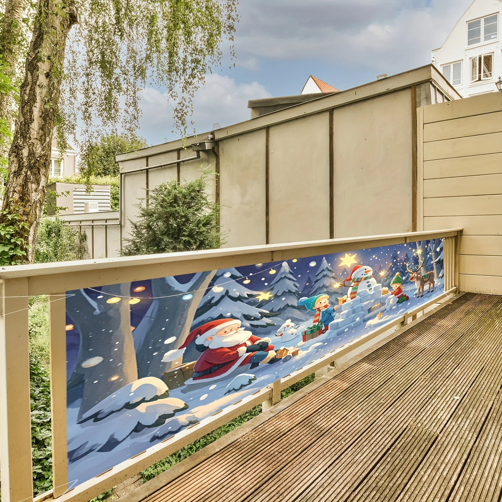 Happy New Year and Christmas yard banner, cartoon snowman and star design, perfect choice for farmhouse and outdoor decoration