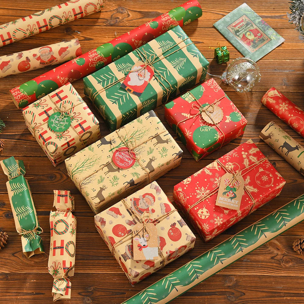 Christmas Kraft Wrapping Paper Cartoon Xmas Tree Santa Claus Gifts Packaging Paper DIY Craft Home Party Decoration Background