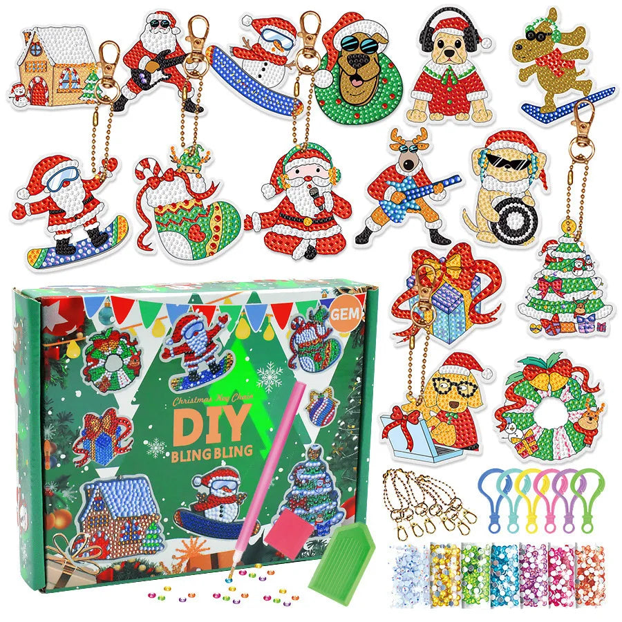 Christmas Diamond Painting Keychain 5D DIY Hanging Diamond Art Kits Diamond Ornaments for Kids Christmas Crafts Family Decor