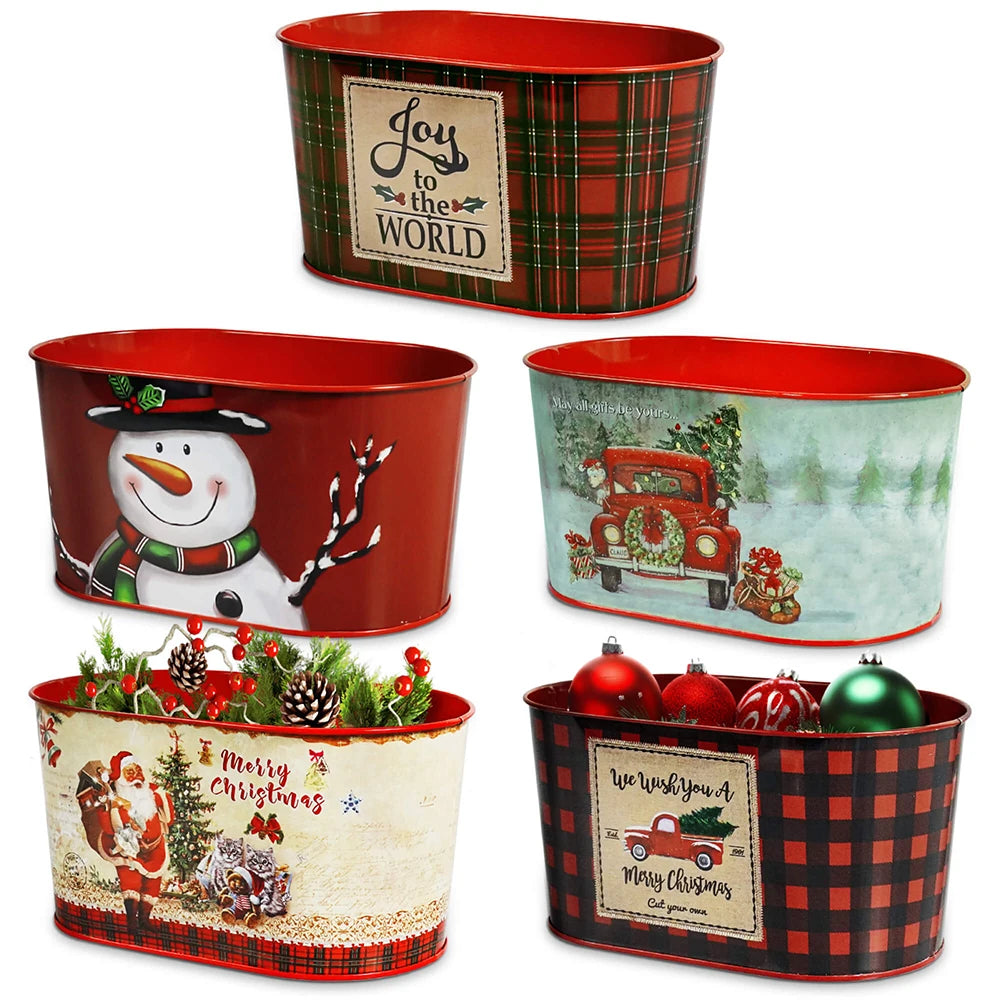 Putuo Decor 5pc Metal Xmas Bucket, Joy to the World We Wish You a Merry Christmas,Decorations for Home  Xmas Party Holiday Bar