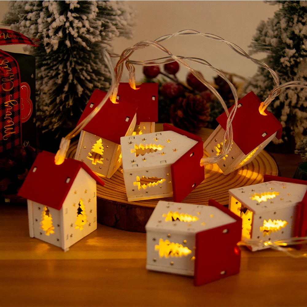 Wooden House Shaped Christmas LED String Lights Xmas Tree Hanging Lights Wood House LED Fairy Lamp for Christmas Home Noel 2024
