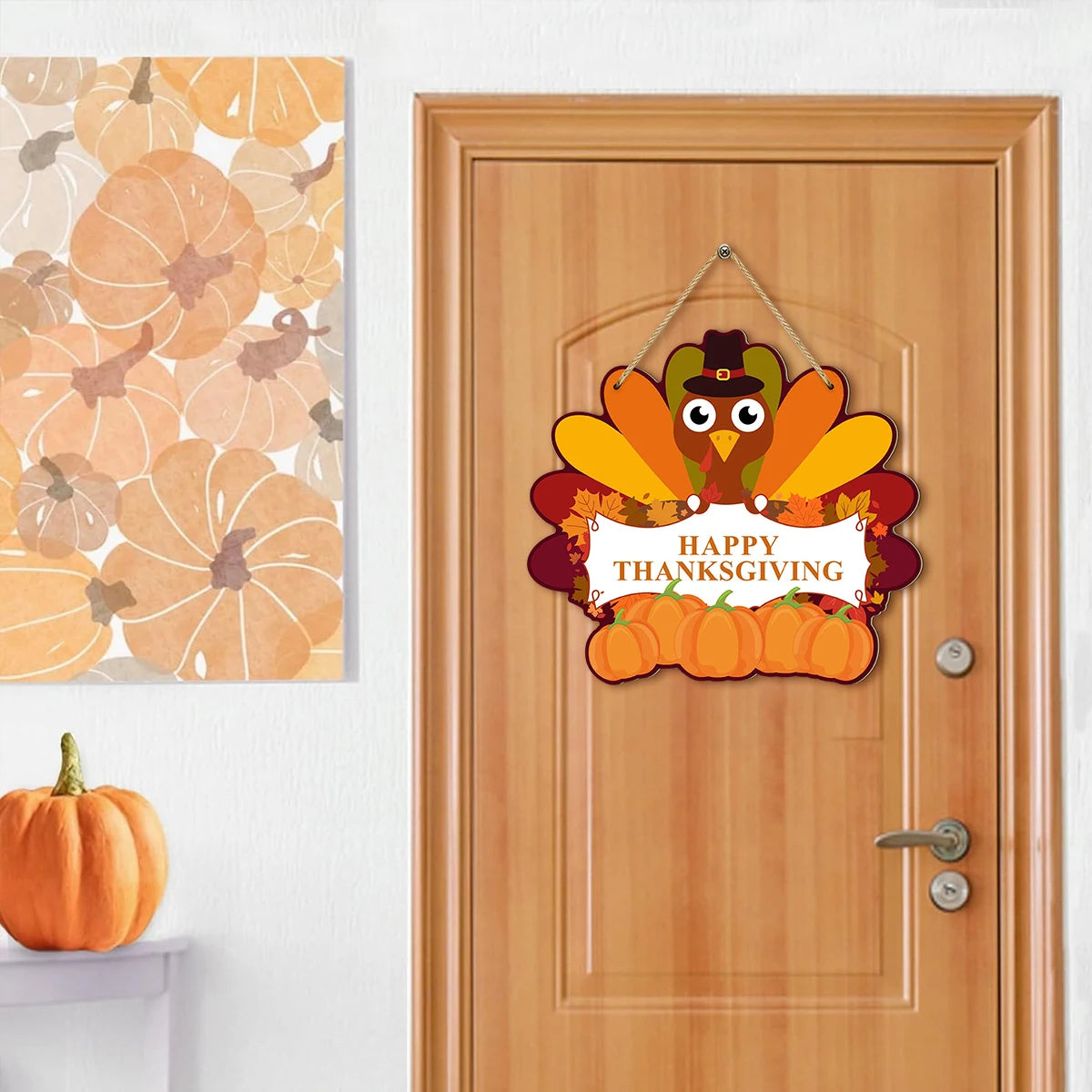 Thanksgiving - themed Wooden Hanging Sign with Cute Turkey, Pumpkins and Autumn Leaves, "Happy Thanksgiving" Message