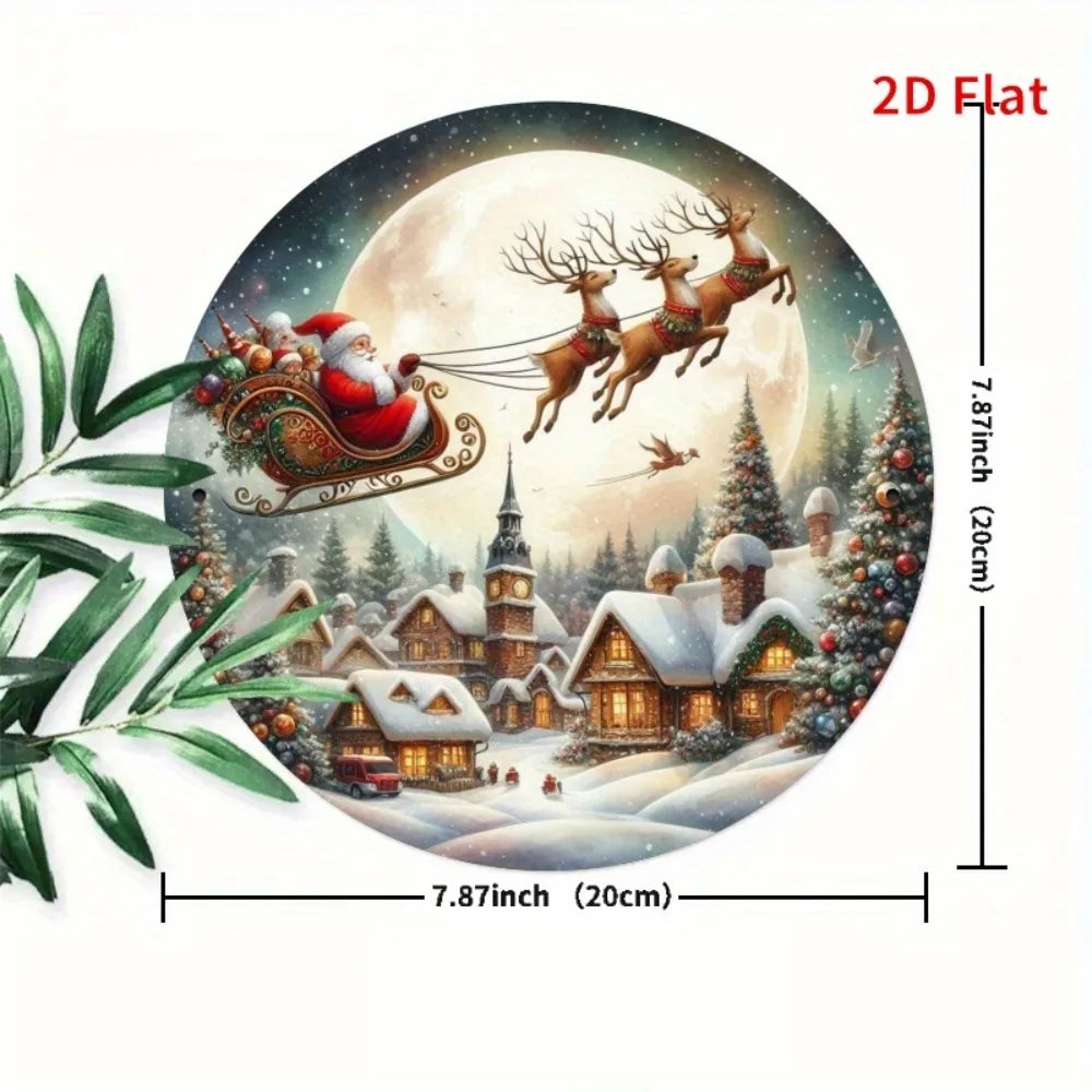 Vintage Santa Claus Sleigh Metal Wall Decor - 2D Flat Christmas Decoration with Reindeer Winter Village