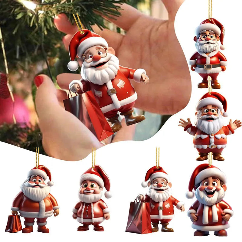 Santa Claus 6-Piece Set 2D Flat Acrylic Pendant Car Keychain Car Rearview Mirror Backpack Pendant Home Decoration Pendant