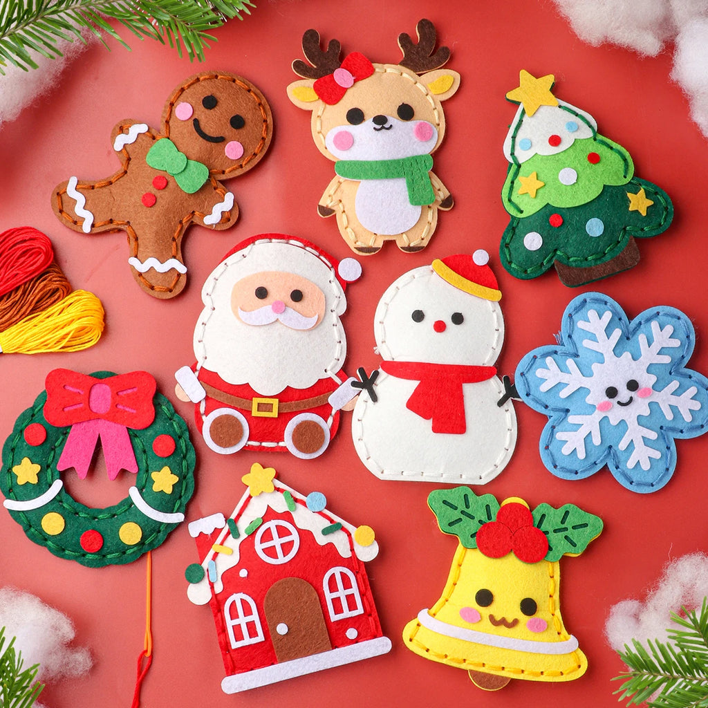 9-piece DIY Christmas sewing material pack for beginners; easy to make Christmas tree ornaments including gingerbread man, reind