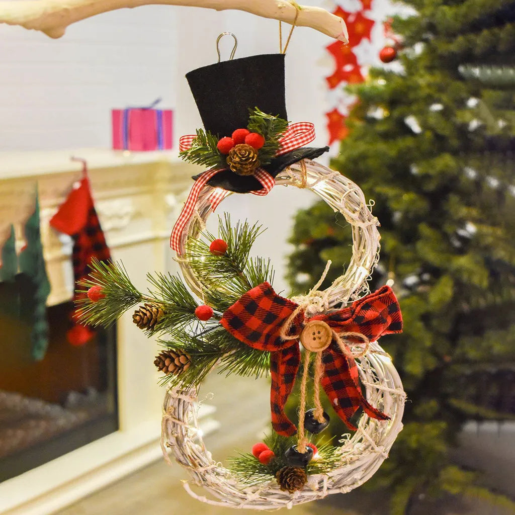 Christmas Snowman Wreath Garland Led Light Door Decoration Artificial Home Window Wall Background Door Hanging Luminous Ornament