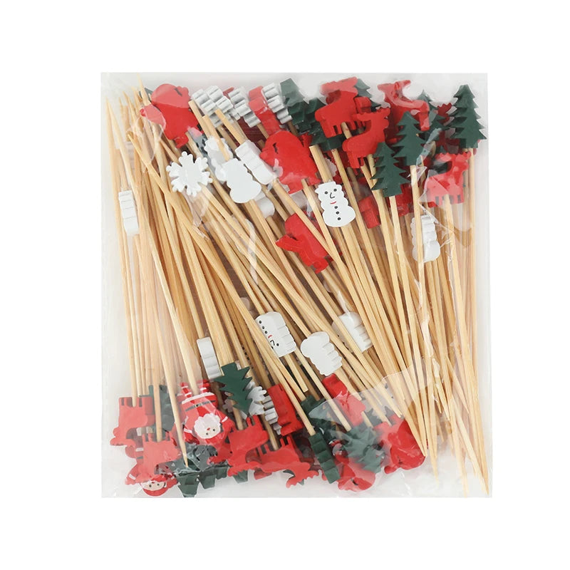 100Pcs Christmas Disposable Bamboo Skewers Santa Xmax Tree Fruit Fork Buffet Dessert Cocktail Sticks Christmas Decoration 2025