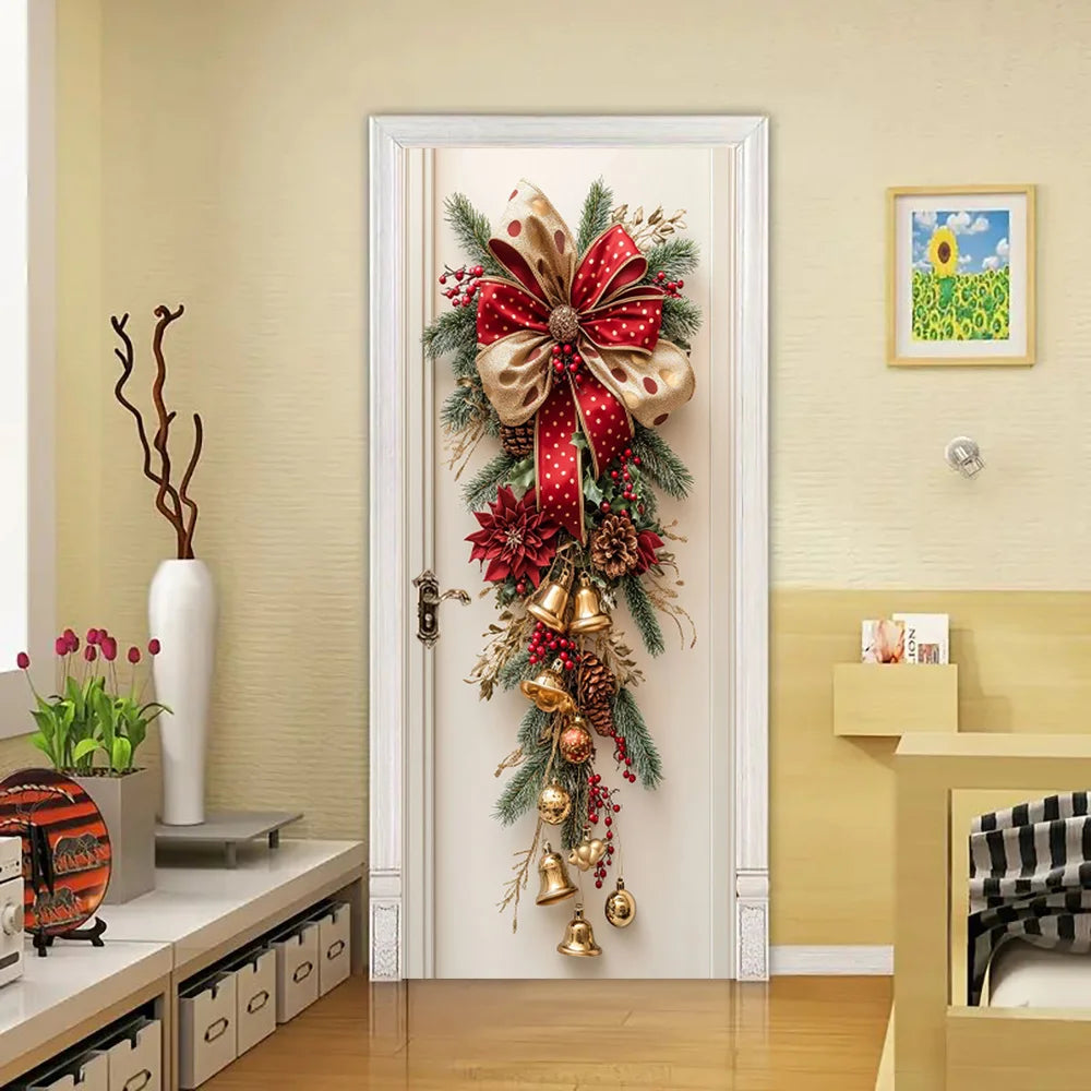 1 Christmas wall decoration - hanging decoration with red bells and green leaves - holiday room decoration, holiday design