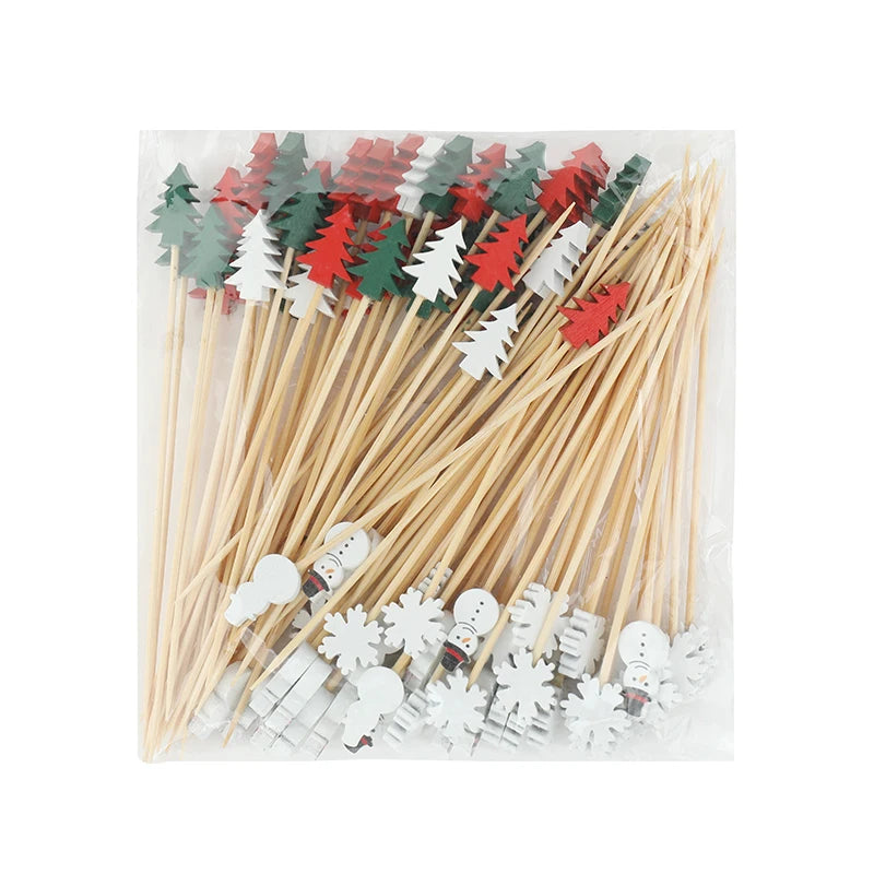 100Pcs Christmas Disposable Bamboo Skewers Santa Xmax Tree Fruit Fork Buffet Dessert Cocktail Sticks Christmas Decoration 2025