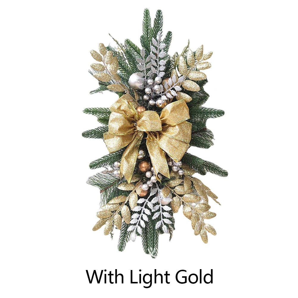 LED Artificial Garland Stair Wreath Prelit Christmas Wreath Garland Pine/Bow Light Up Cordless for Front Door Wall Window Stair