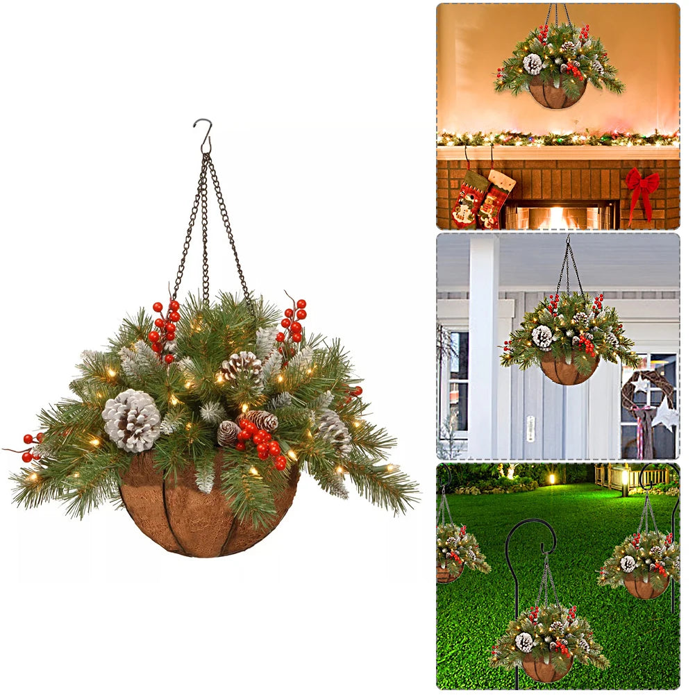 Christmas Pine Branches Berries Hanging Baskets Garlands Artificial Hanging Baskets Christmas Decorations