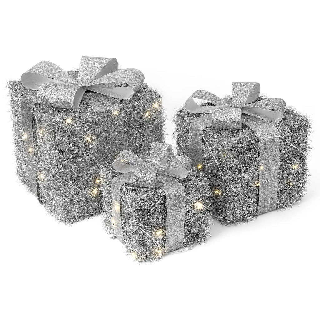 Lighted Gift Box Set of 3,Christmas Decoration Boxes with Bow, Pre-Lit Present Boxes with Warm Lights,Yard Christmas Decorations