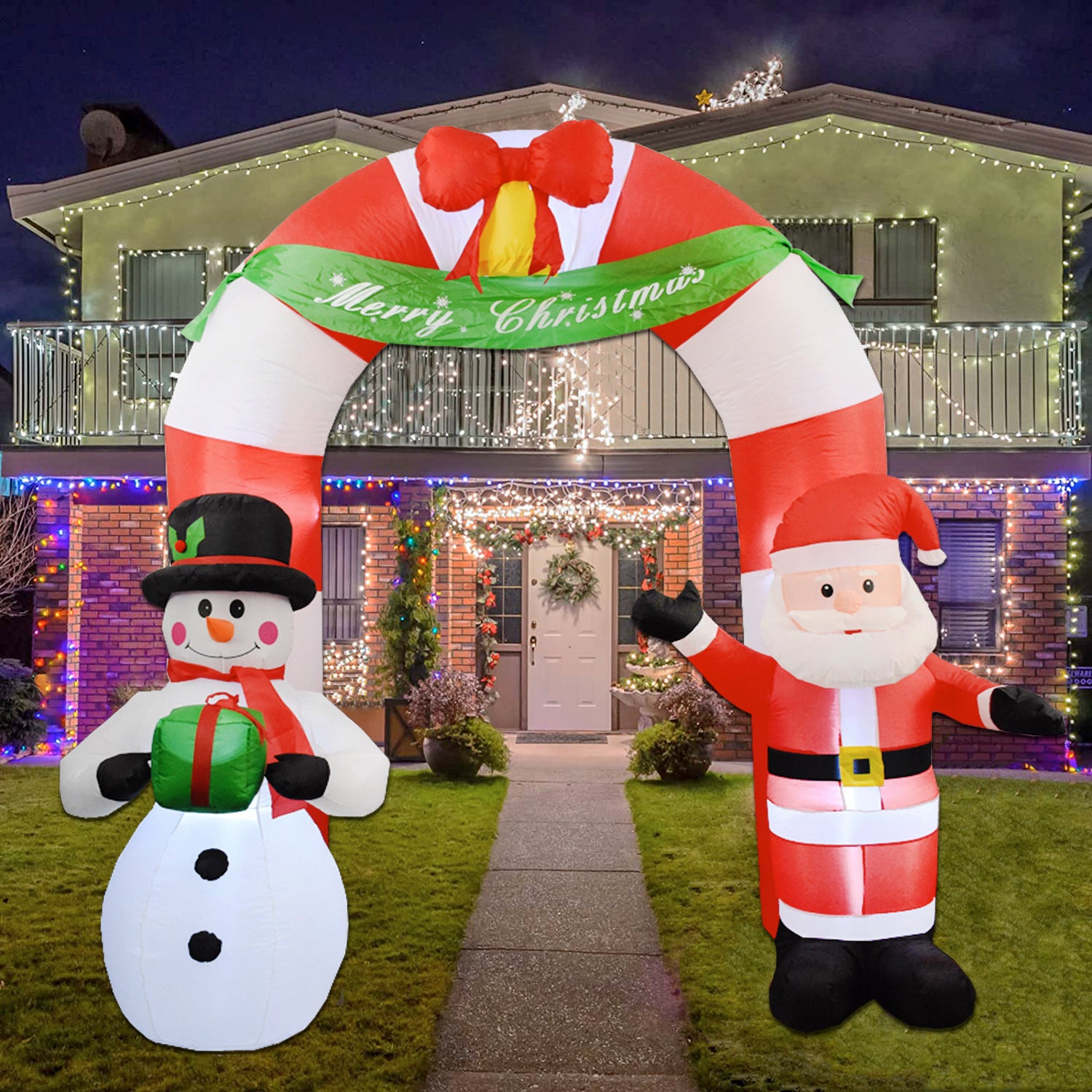 Christmas Inflatable Gingerbread House with LED Lights Candy Arch Inflatables for Outdoor Yard Lawn Holiday Party Decoration