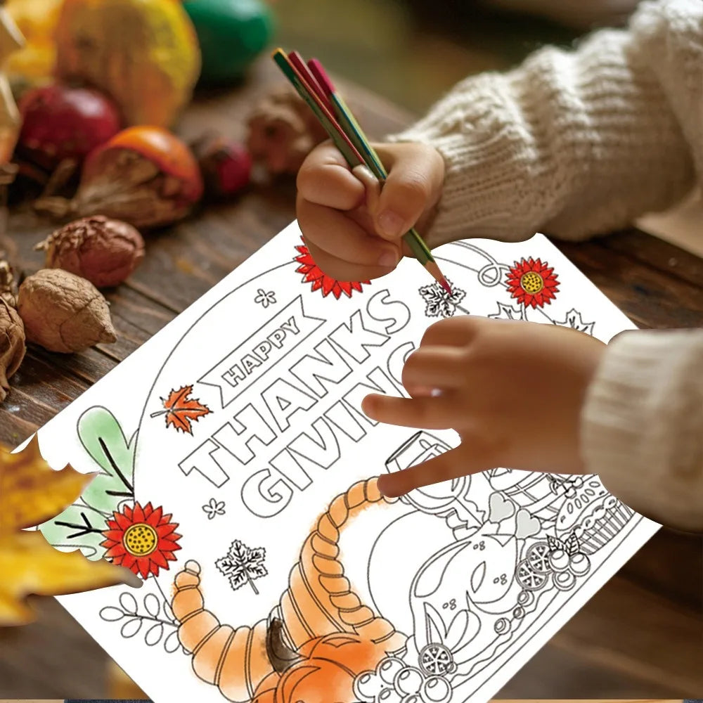 8pcs Hand-painted Thanksgiving Placemat Turkey Pumpkin Cup Plate Mat DIY Paper Placemat Turkey Design Paper Material