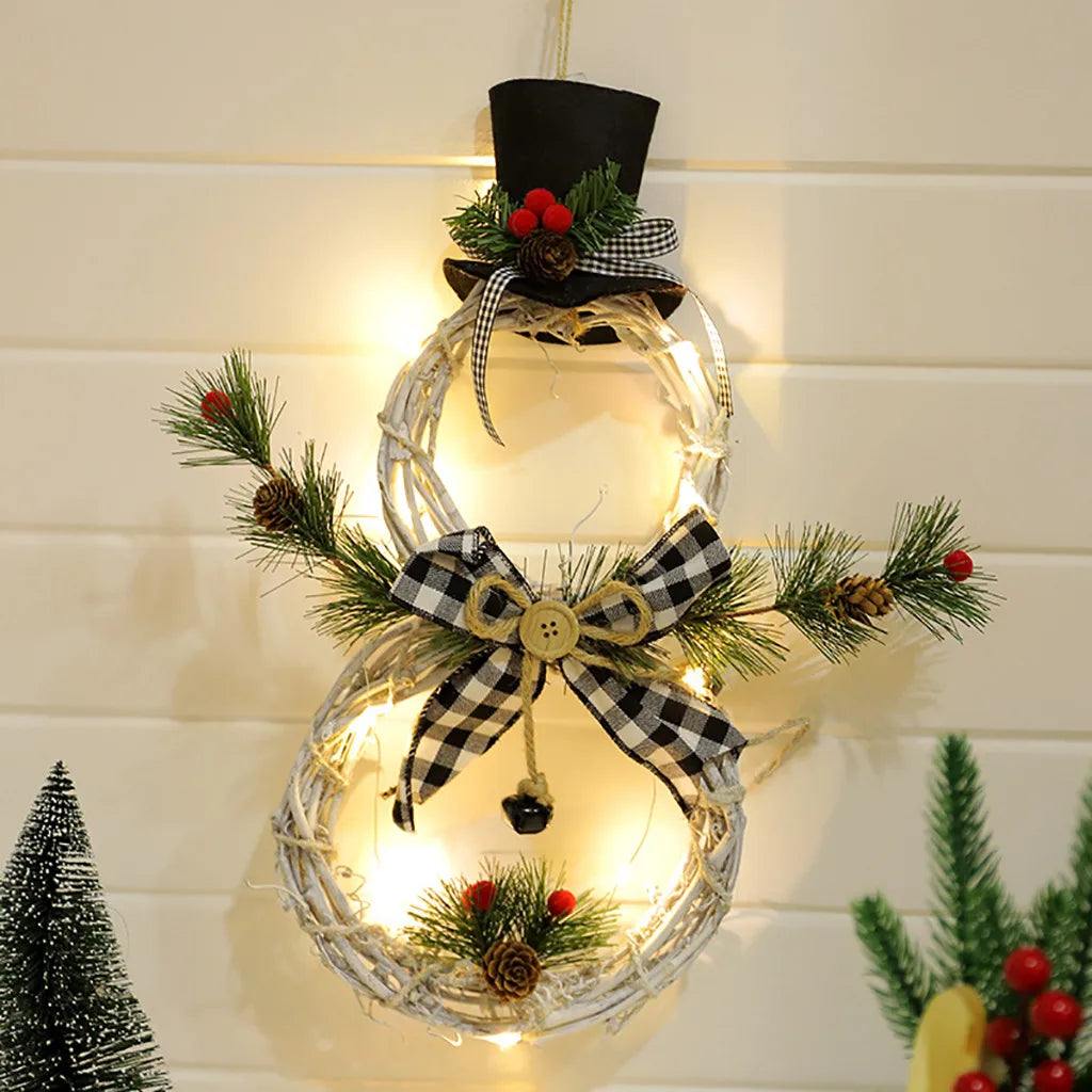 Christmas Snowman Wreath Garland Led Light Door Decoration Artificial Home Window Wall Background Door Hanging Luminous Ornament