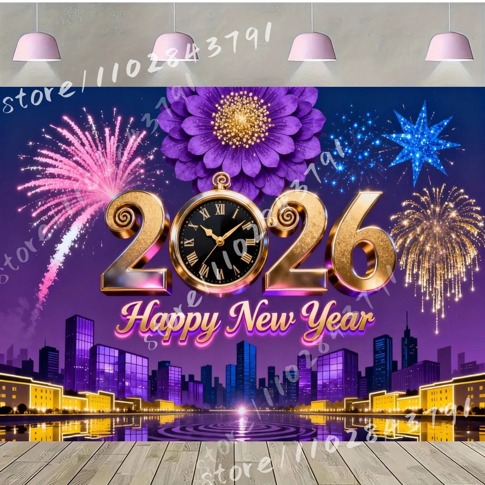 Celebration 2026 Happy New Year Vinyl Backdrop Photography Background with Purple Flowers Pocket Watch City Skyline