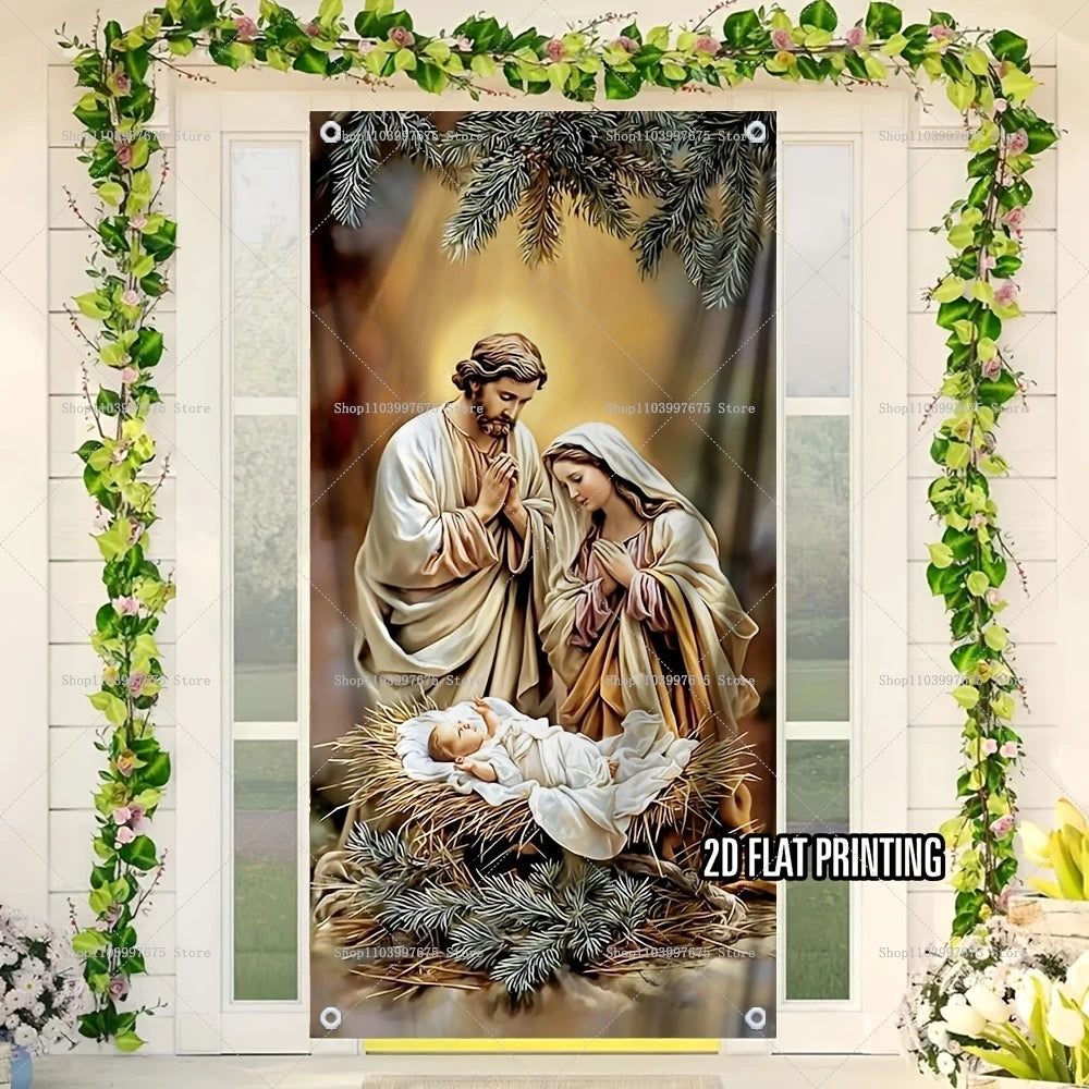 Christmas Nativity Scene Religious Door Banners Xmas Party Decorations Photography Backdrops Indoor Outdoor Decor Party Supplies