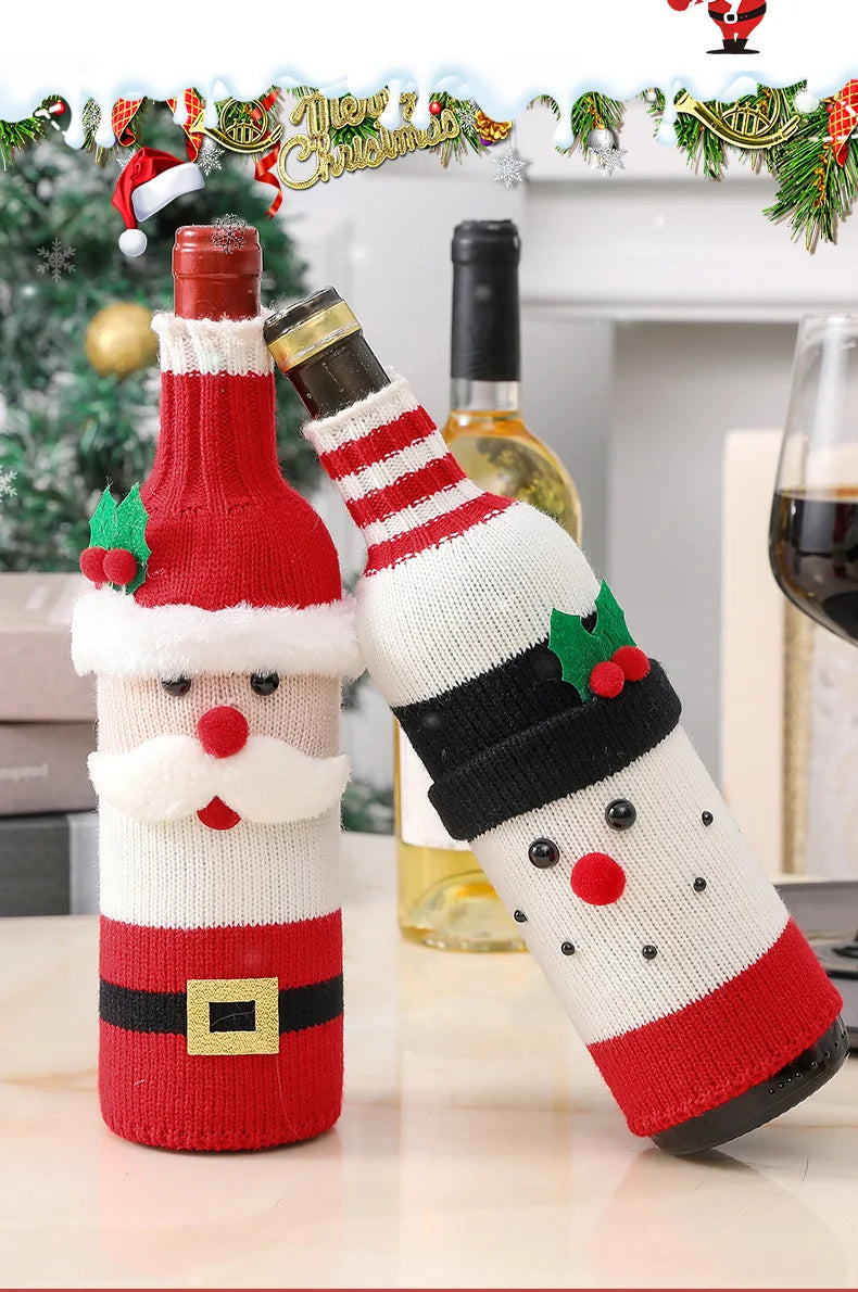 Christmas Wine Bottle Cover Set Santa Snowman Woven Wine Bottle Bags for Christmas Party Dinner Table Decorations New Year Gifts