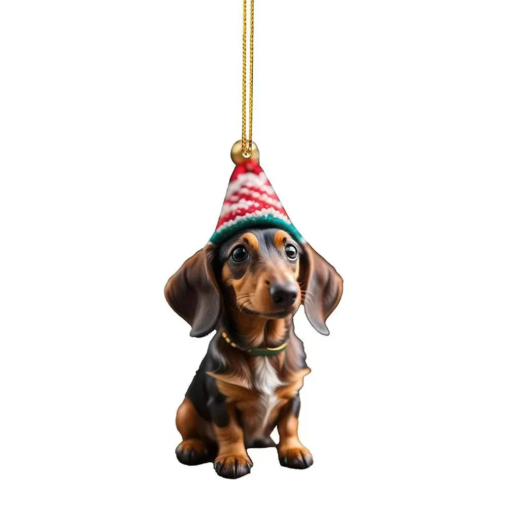 Christmas Hanging Dog Decor Acrylic Dog Figurines Decor Funny Puppy Pendant Xmas Tree Backpack Car Interior Decor