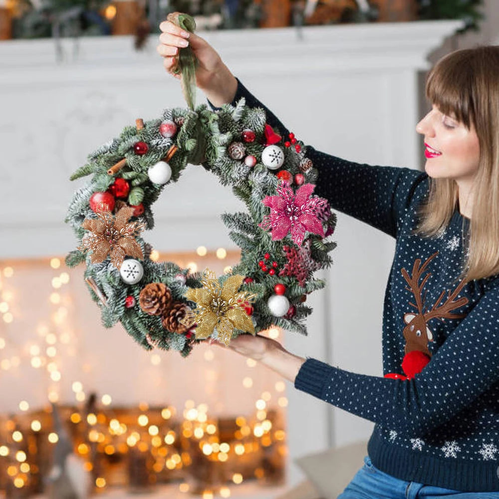 9cm Glitter Artifical Christmas Flowers Christmas Tree Wreath Decorations Fake Flowers Xmas Garland Ornaments New Year 2024