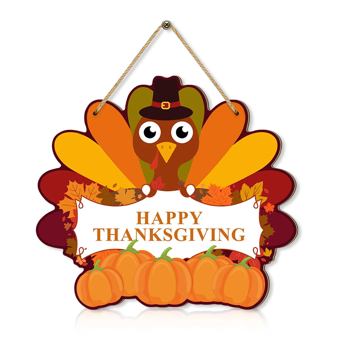 Thanksgiving - themed Wooden Hanging Sign with Cute Turkey, Pumpkins and Autumn Leaves, "Happy Thanksgiving" Message