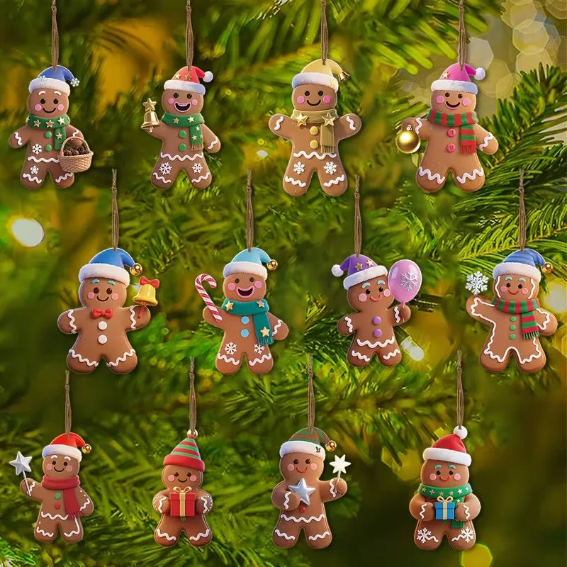 12pcs Christmas Gingerbread Man Ornaments Xmas Tree Wooden Hanging Pendants 2026 New Year Party Home Decoration Kids DIY GIft