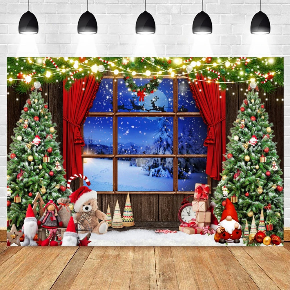 Christmas Photography Backdrop Xmas Tree Gift Toy Window Wood Door Kids Portrait Family Party Photo Background Decor Photostudio