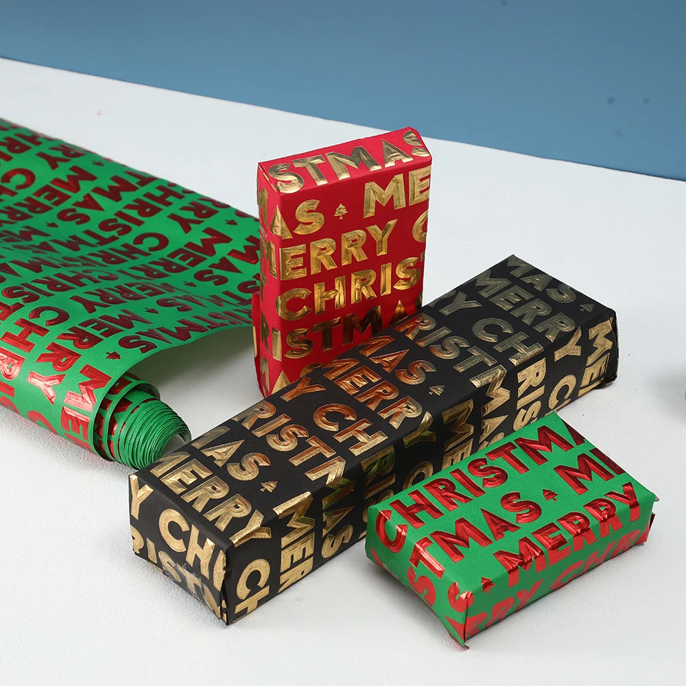 1 Roll Marry Christmas Themed Gift Wrap Paper - High-Quality Christmas and Holiday Merry Christmas Gold Stamping Text Design