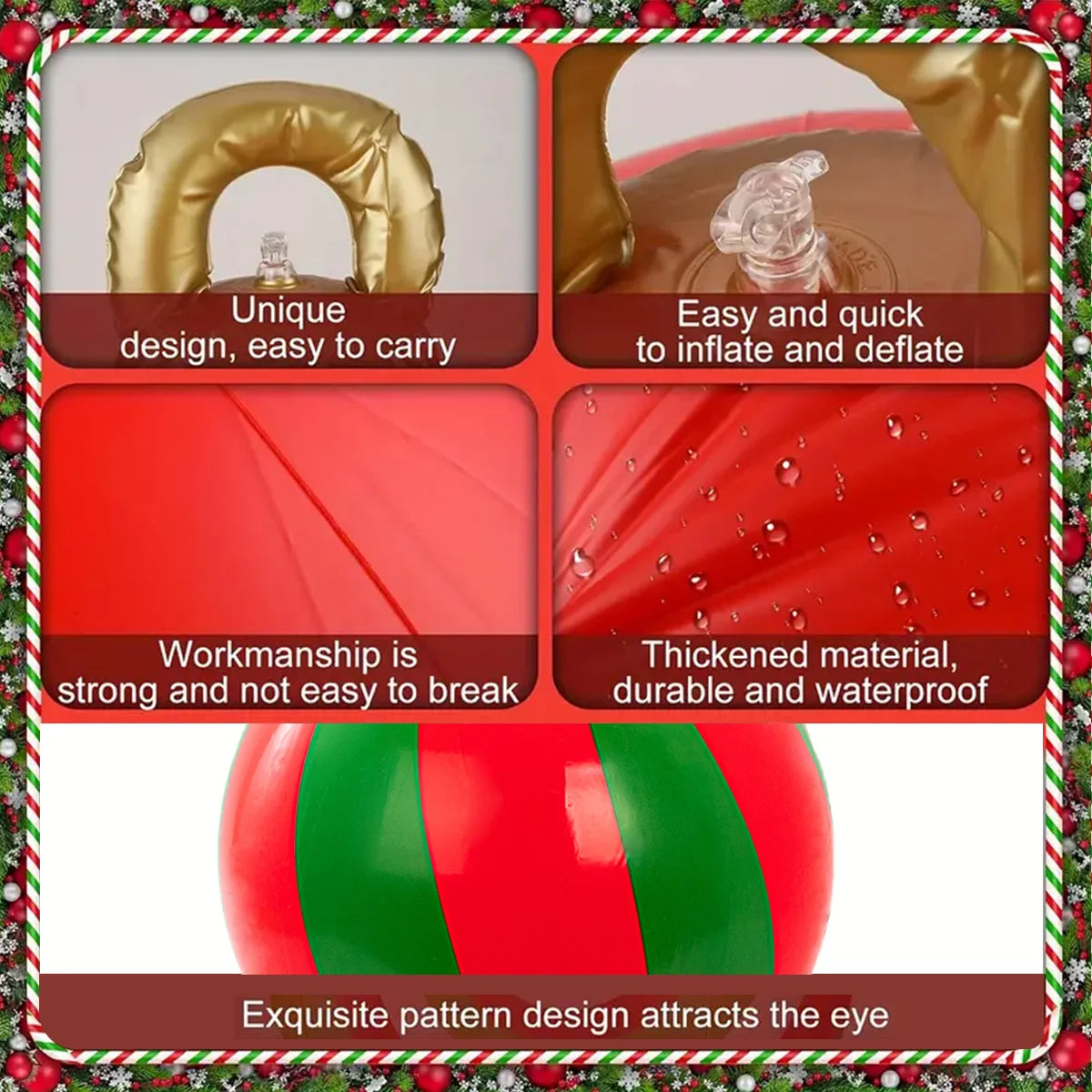 3Pcs Inflatable Christmas Balls (2 Christmas Balls and One Pump) with Portable Handle, Waterproof - Durable Pvc Material, Christmas Red and Green Colors, Featuring Snowman, Reindeer, Christmas Tree and Santa Claus Designs - P