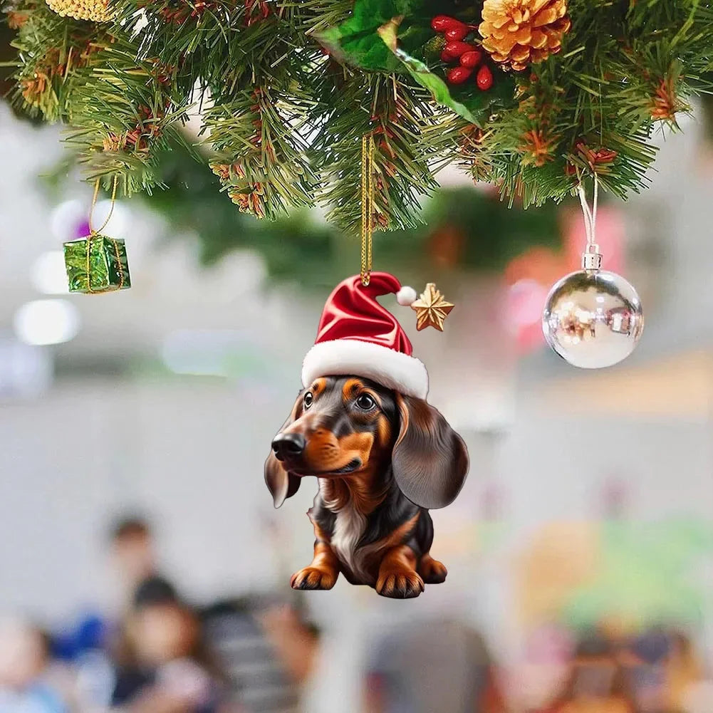 Christmas Hanging Dog Decor Acrylic Dog Figurines Decor Funny Puppy Pendant Xmas Tree Backpack Car Interior Decor