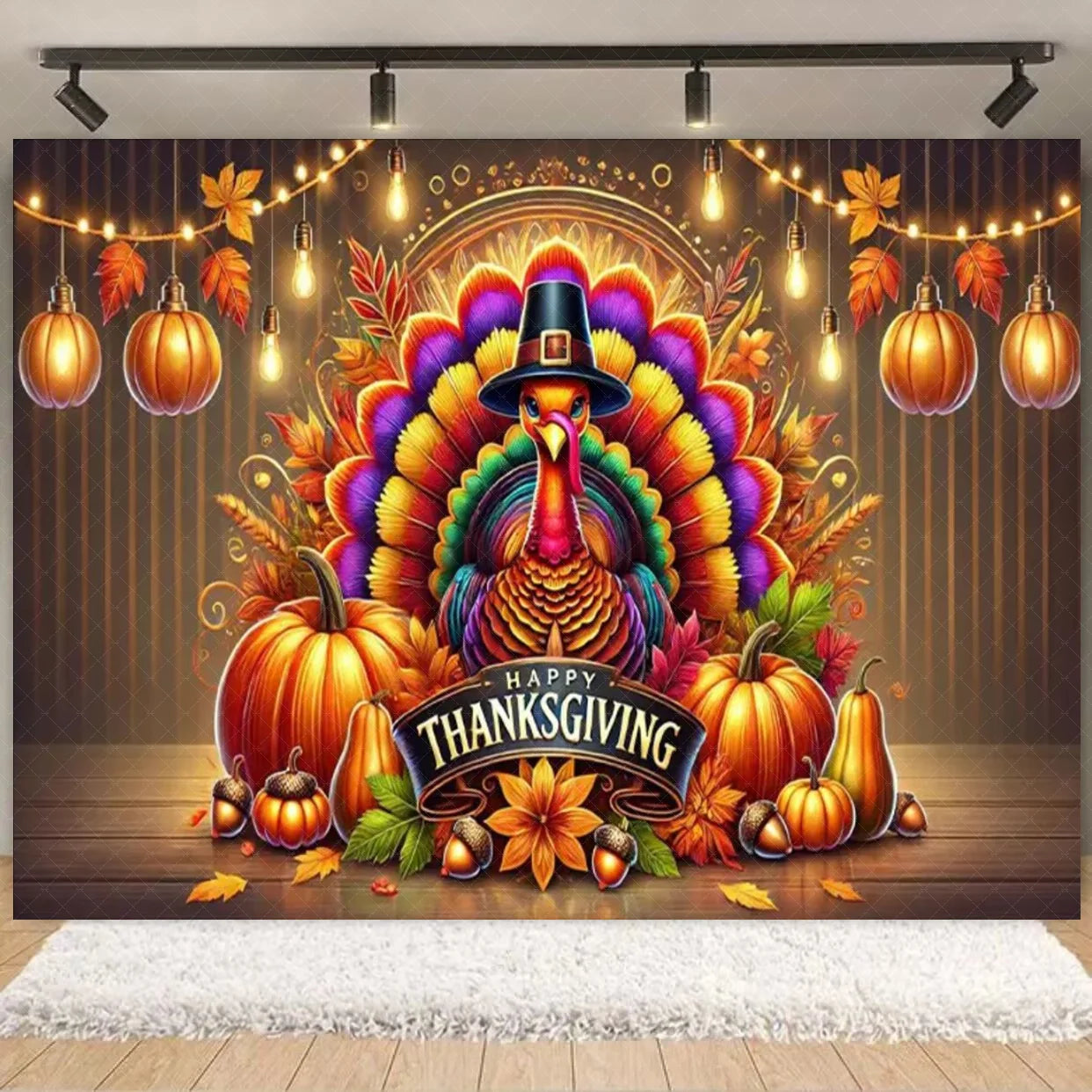 Autumn Harves Happy Thanksgiving Background Pumpkin Turkey Orange Backdrop Banner Party Decorations Supplies Family Party Gifts