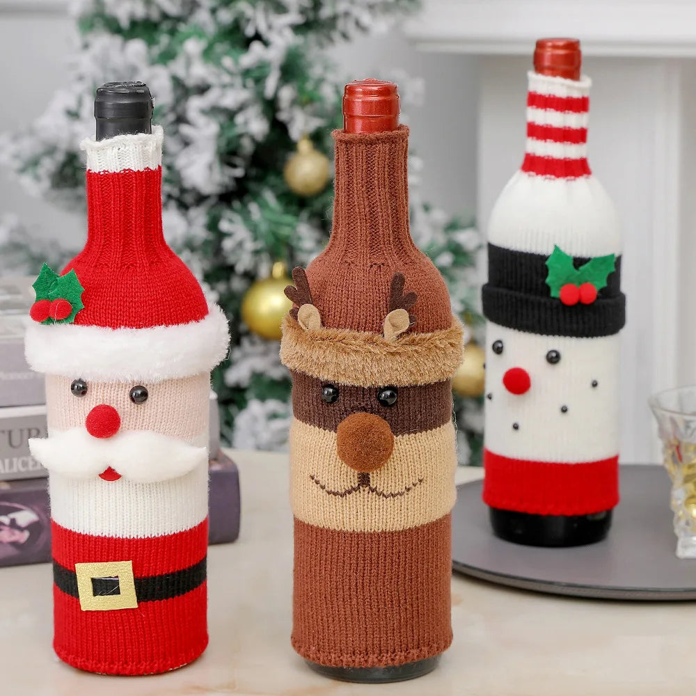 Christmas Wine Bottle Cover Set Santa Snowman Woven Wine Bottle Bags for Christmas Party Dinner Table Decorations New Year Gifts
