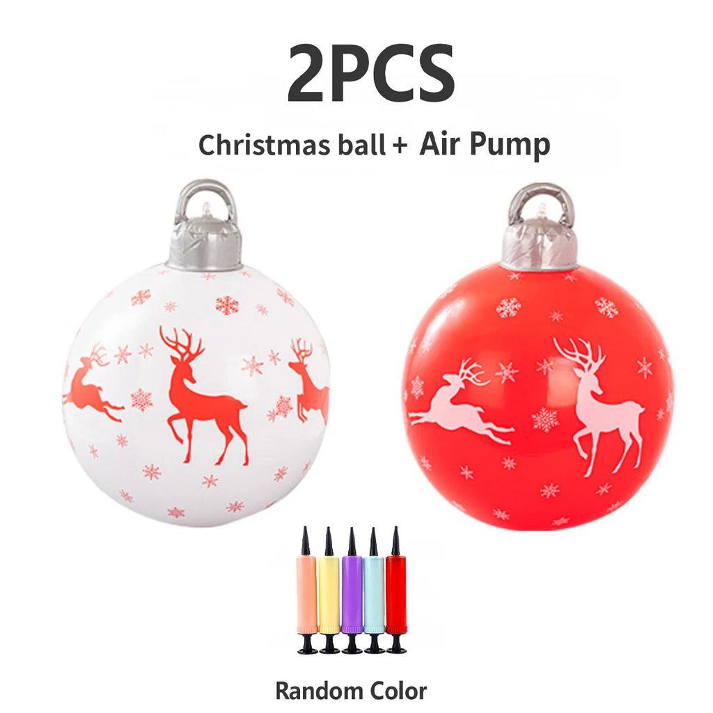 3Pcs Inflatable Christmas Balls (2 Christmas Balls and One Pump) with Portable Handle, Waterproof - Durable Pvc Material, Christmas Red and Green Colors, Featuring Snowman, Reindeer, Christmas Tree and Santa Claus Designs - P